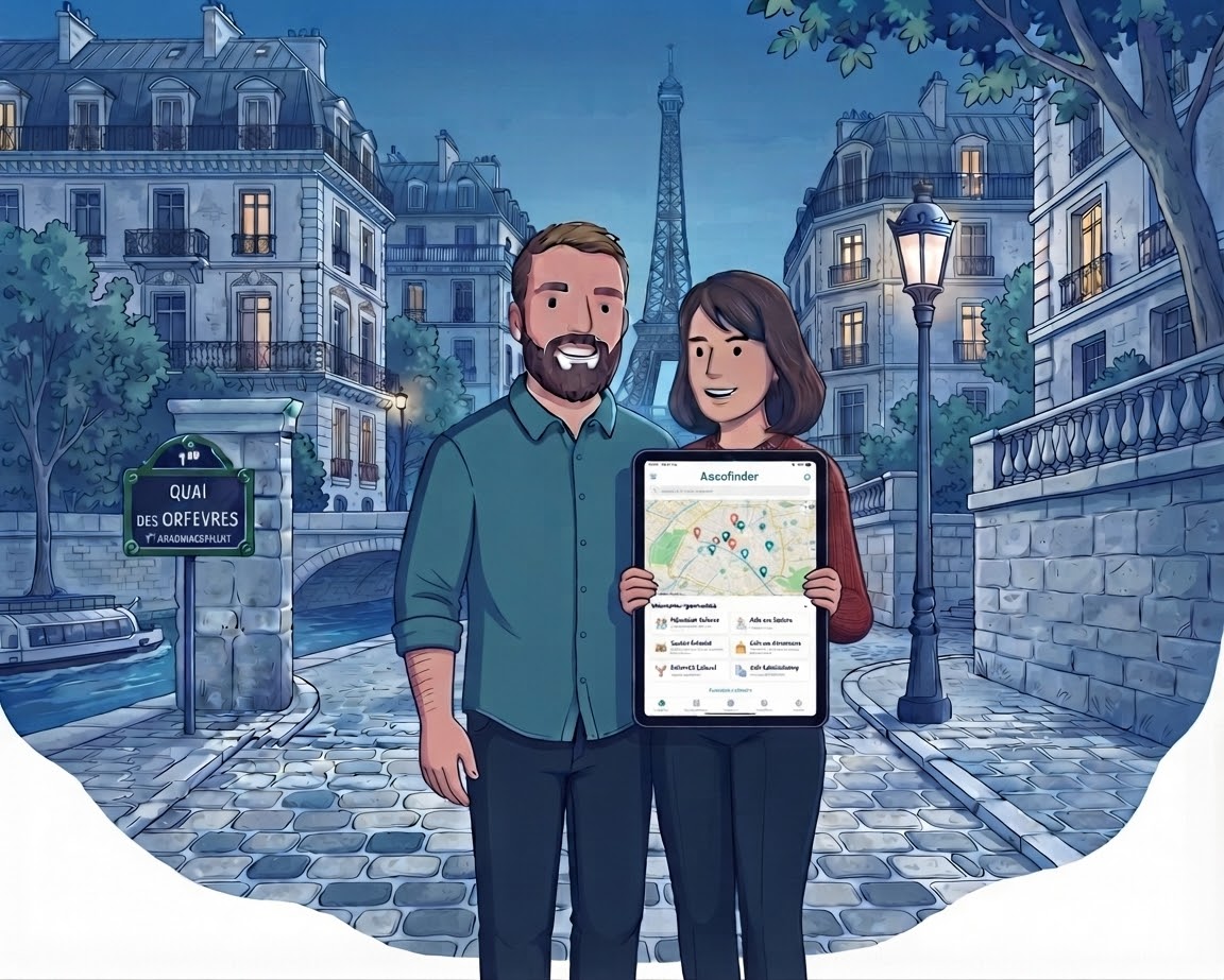 Les deux fondateurs d’AssoFinder dans une rue de Paris, montrant l’annuaire sur une tablette
